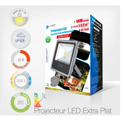 LED Projecteur Extra-Plat Détecteur de Mouvement 20W